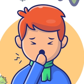 A cartoon person with orange hair covers their mouth while yawning, wearing a blue sweater and green scarf, set against an orange circular background with plants around the edges.