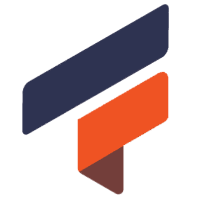 A stylized, abstract logo features two overlapping, curved ribbons; one is dark blue and the other is orange, set against a transparent background.