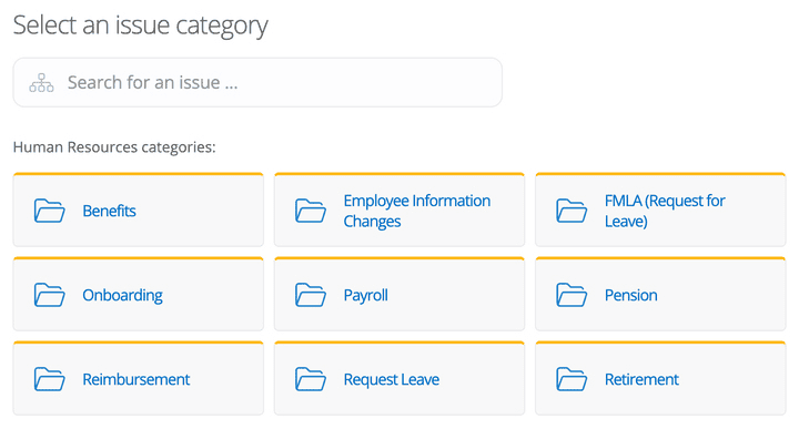 View of HR categories within Incident IQ's HR help desk.