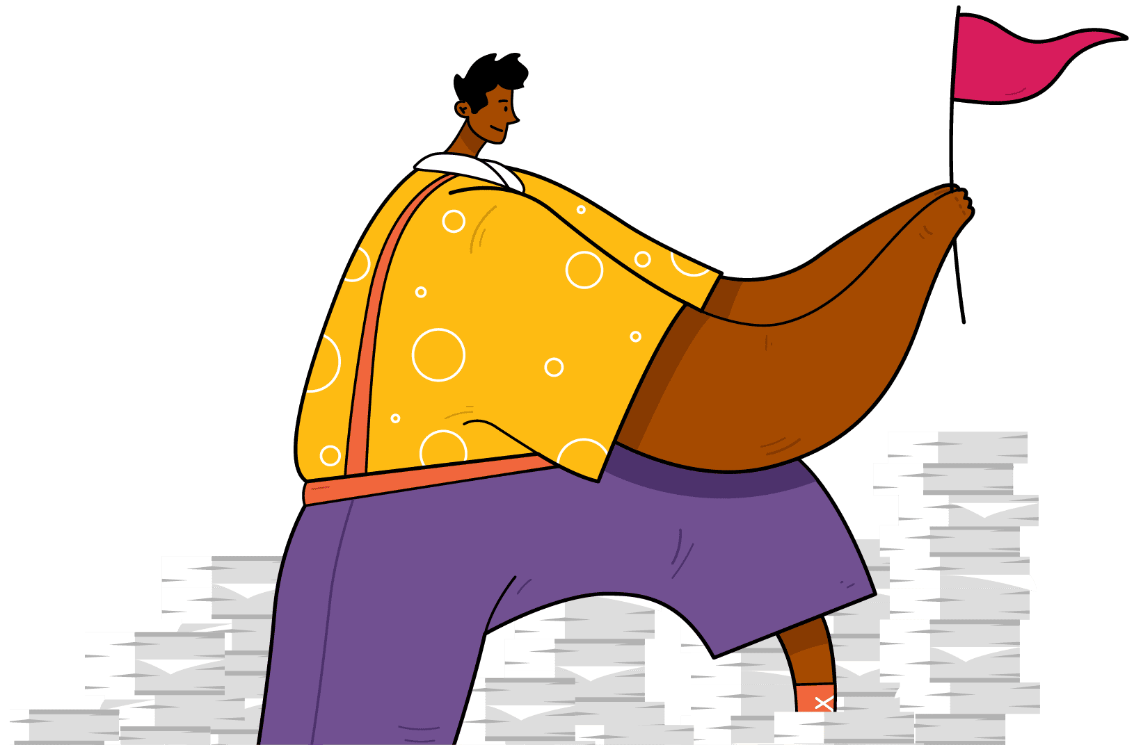 Illustration of man climbing a mountain of paper about to plant a flag at the peak.