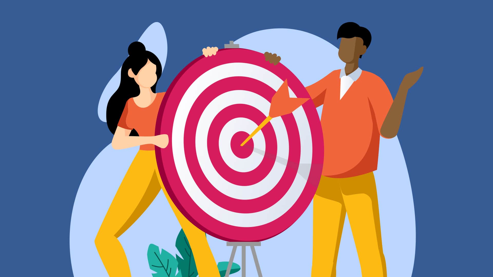 Two illustrated people stand beside a large target with an arrow in the center, against a blue background with leaves, conveying focus and teamwork.