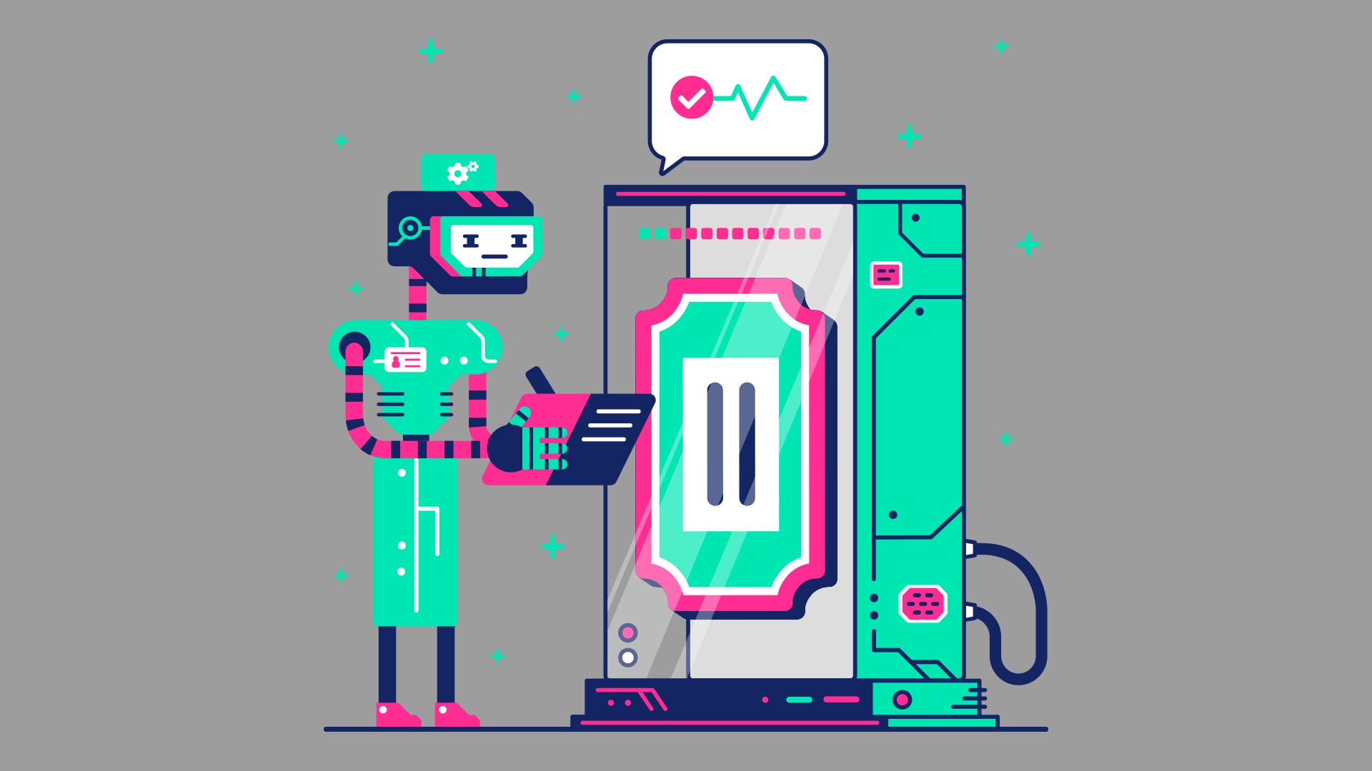 Illustration of a robot holding a folder or checklist, standing next to a large computer.