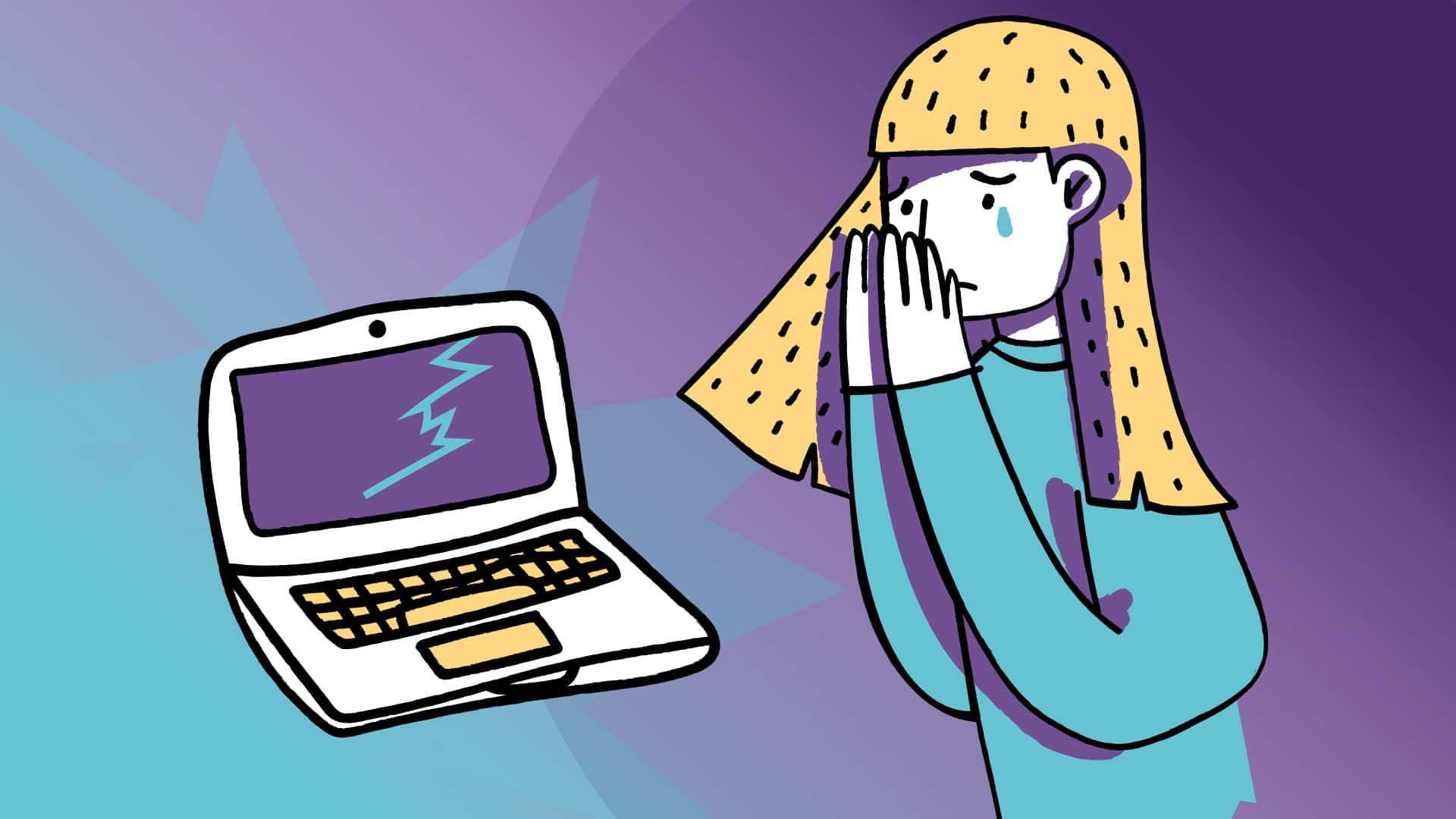 Illustration of a girl crying while looking at her Chromebook's broken screen