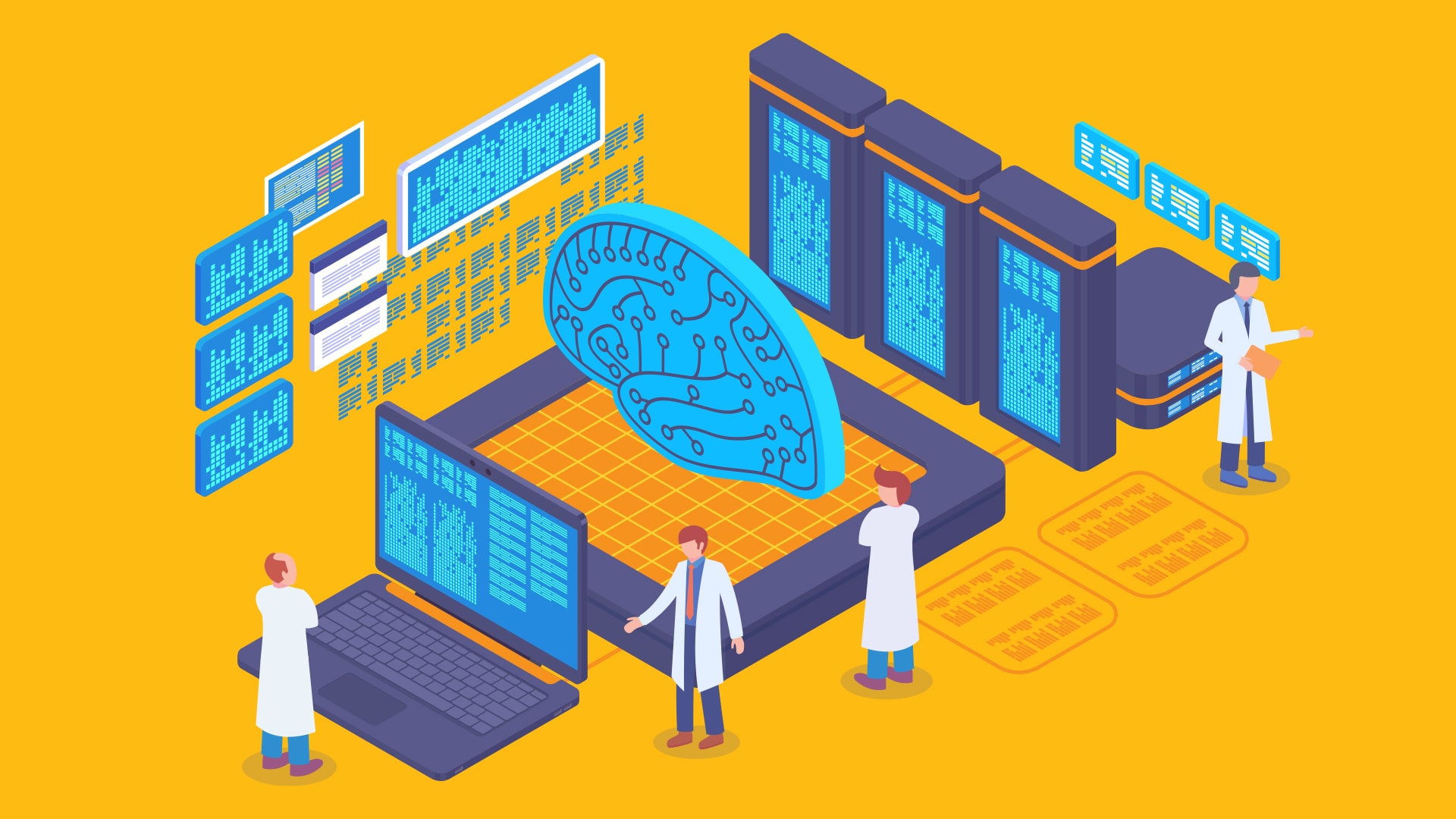 Illustration of workers surrounding a large brain icon that connects with several computers and servers.