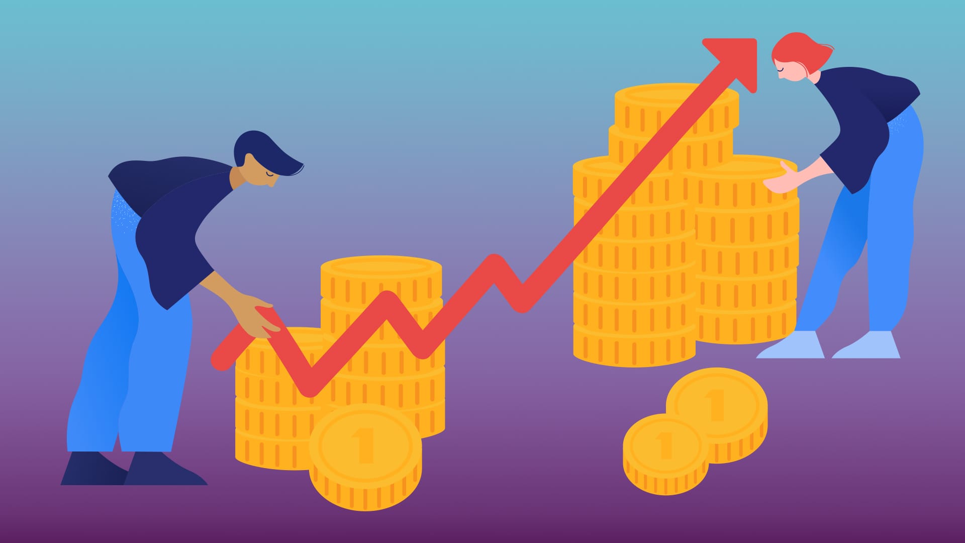 Illustration of two people standing next to stacks of coins and an upward trending graph line.