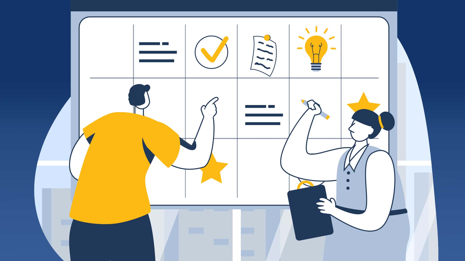 Illustration of a man and woman working on an oversized screen to check off various tasks and items.