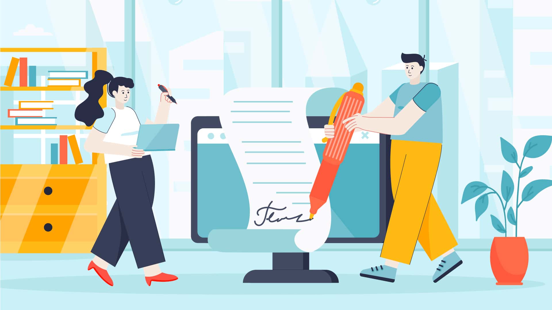 Illustration of a woman with a computer and a man signing a document.