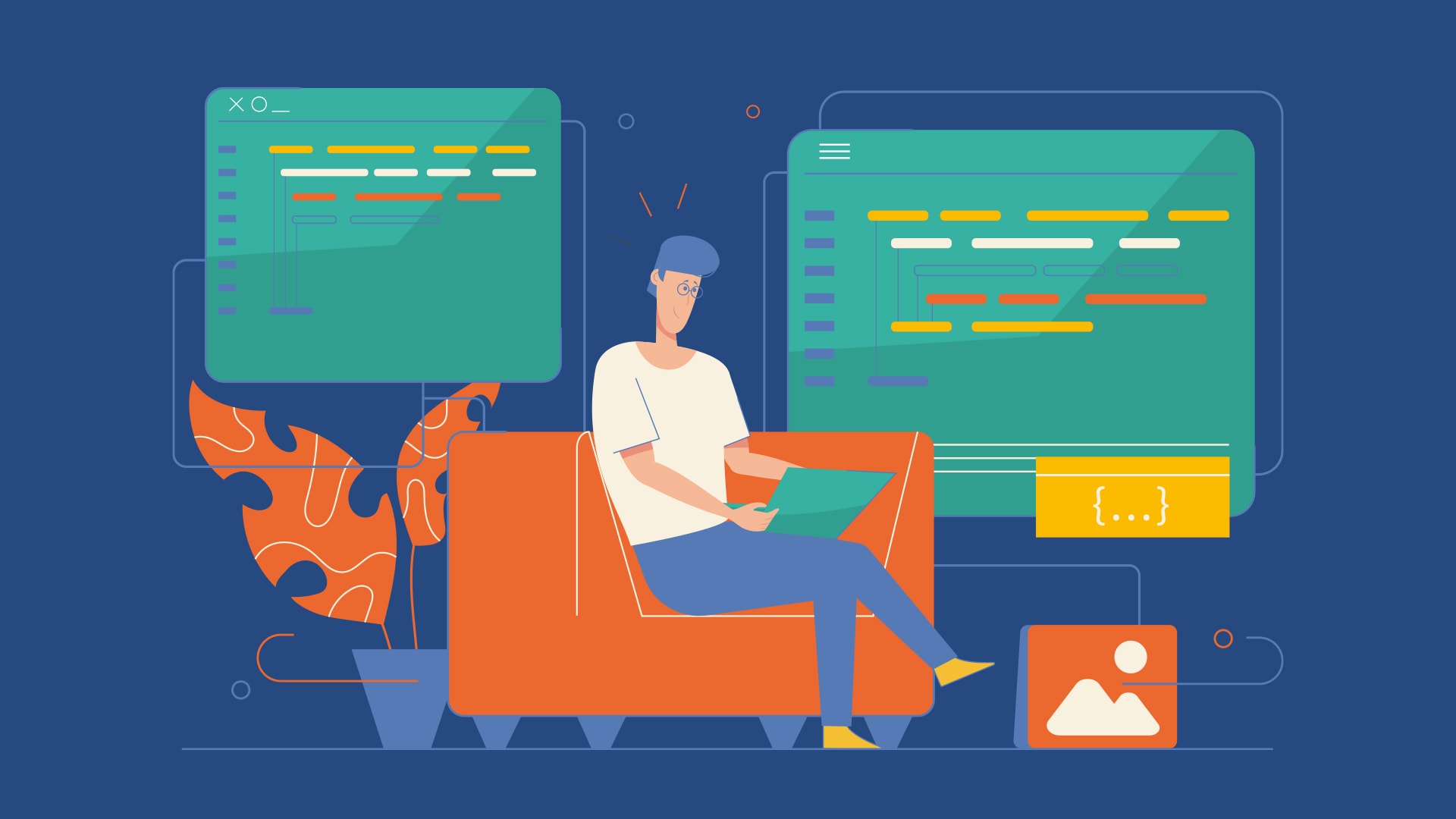 Illustration of a man on a couch with a laptop on his lap.