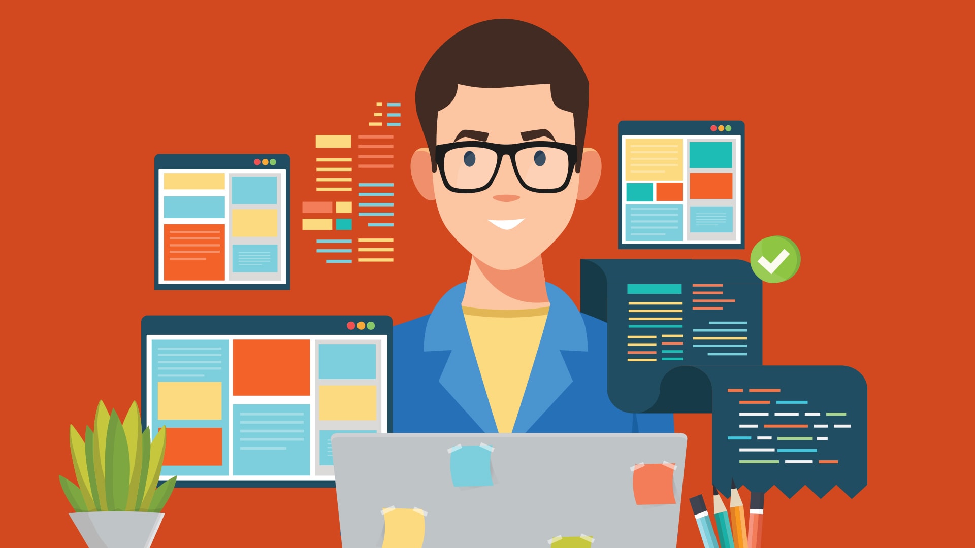 Illustration of a man looking at a laptop, surrounded by several laptop screens.