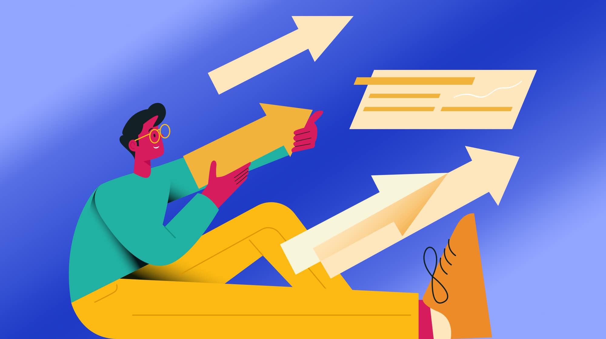 Illustration of a man holding an arrow and surrounded by additional upward pointing arrows.