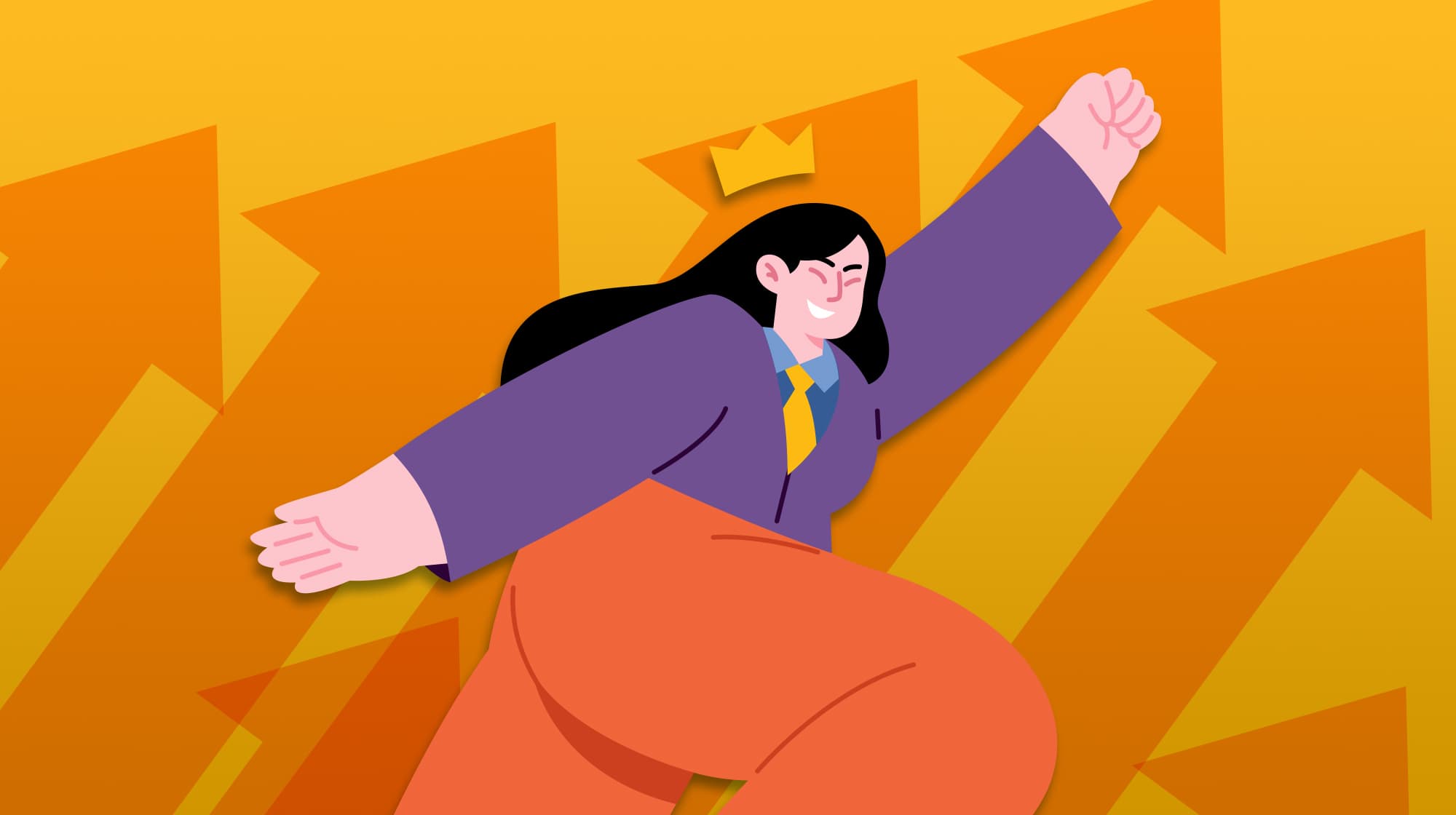 Illustration of a woman wearing a crown, with upward pointing arrows behind her