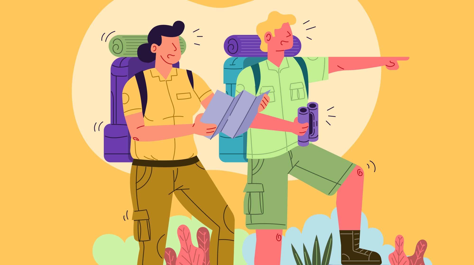Illustration of two men in hiking gear, looking at a map and pointing in a forward direction.