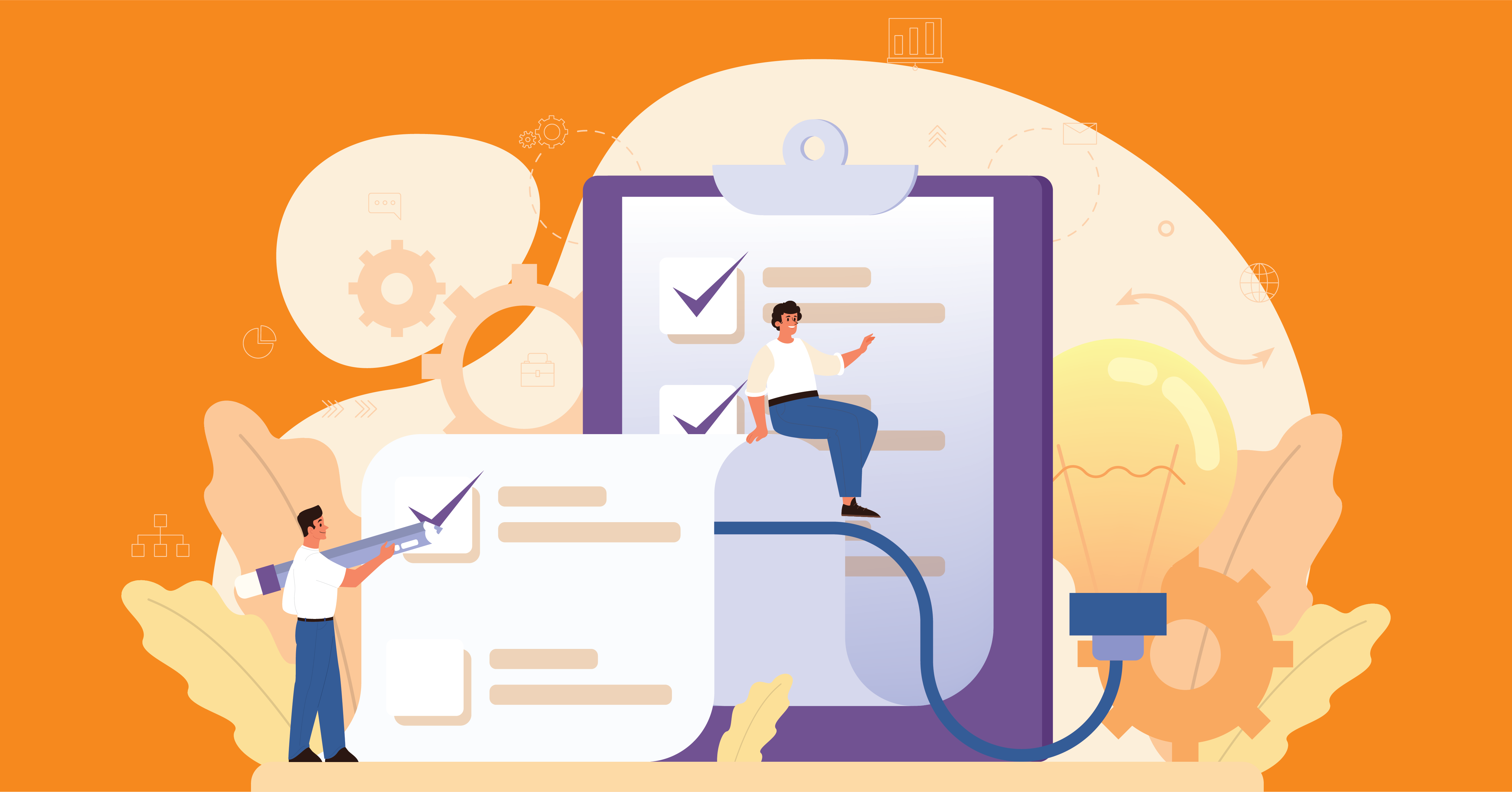 A large clipboard with checkmarks; two small people add checks, set against a background of gears and a lightbulb on an orange backdrop, symbolizing teamwork and ideas.