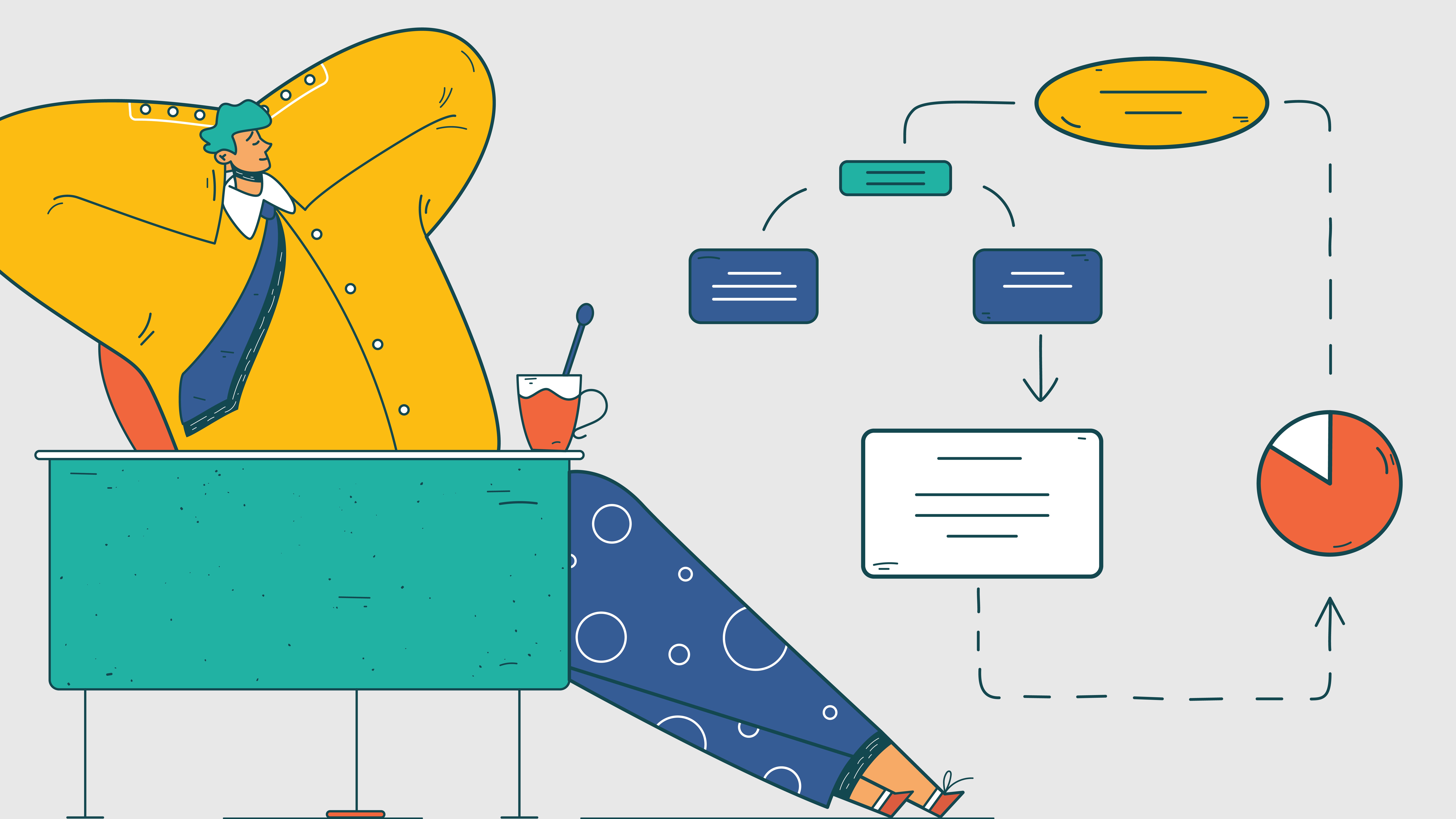 Illustration of a man relaxing at his desk with a flow chart operates smoothly nearby.