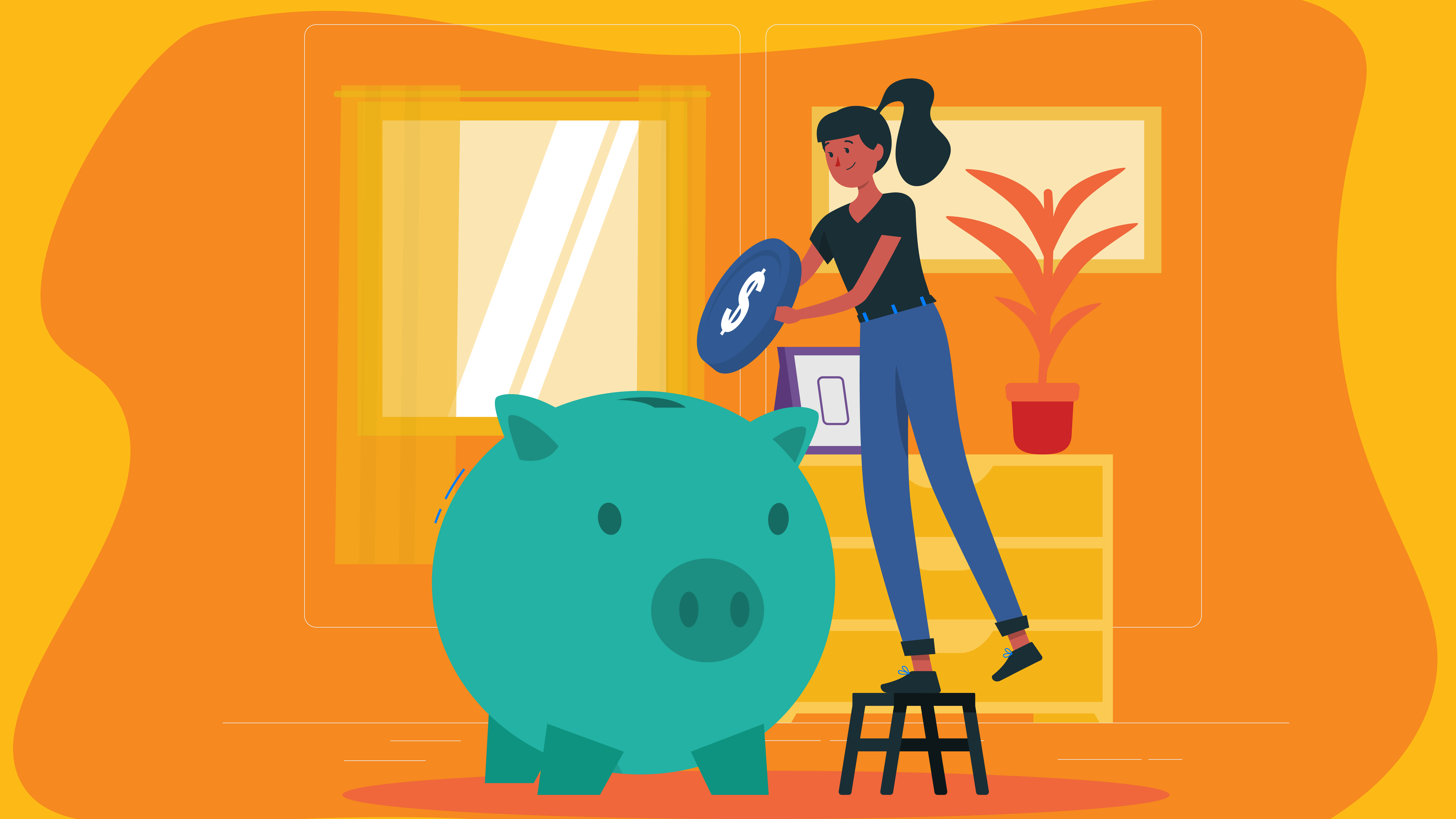 A large teal piggy bank is being filled with a coin by a standing person on a stool. They are in a bright room with a potted plant and framed picture.