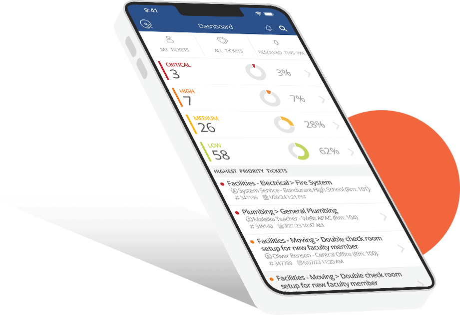 Mobile phone with a screenshot of the iiQ Facilities app.