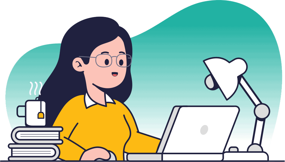 A person is typing on a laptop under a desk lamp. Nearby, a steaming mug sits atop a stack of books. The background features a teal gradient.