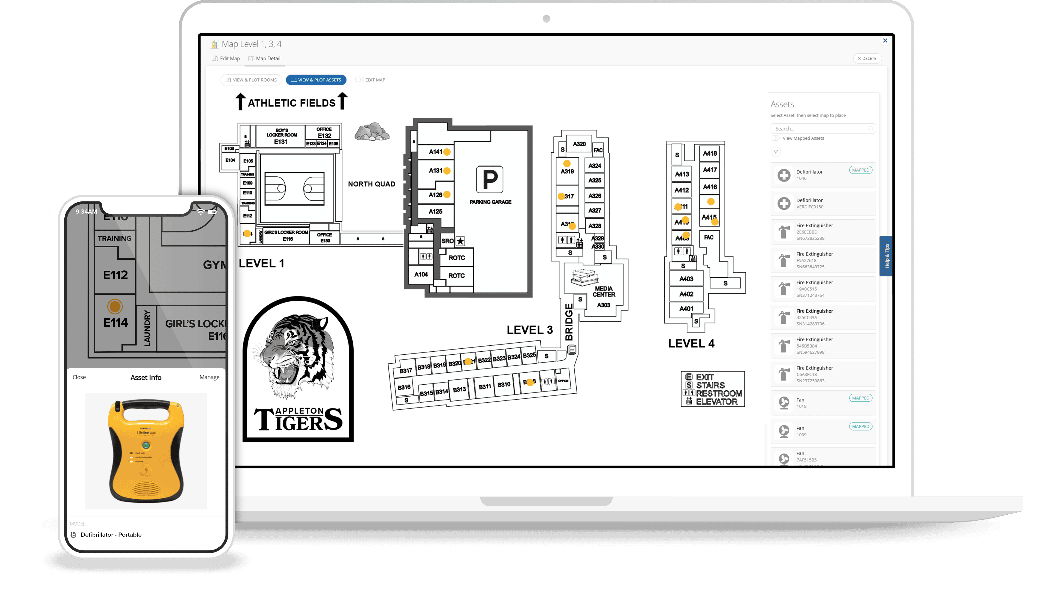Mobile and laptop device with screens showing Facilities asset mapping abilities.