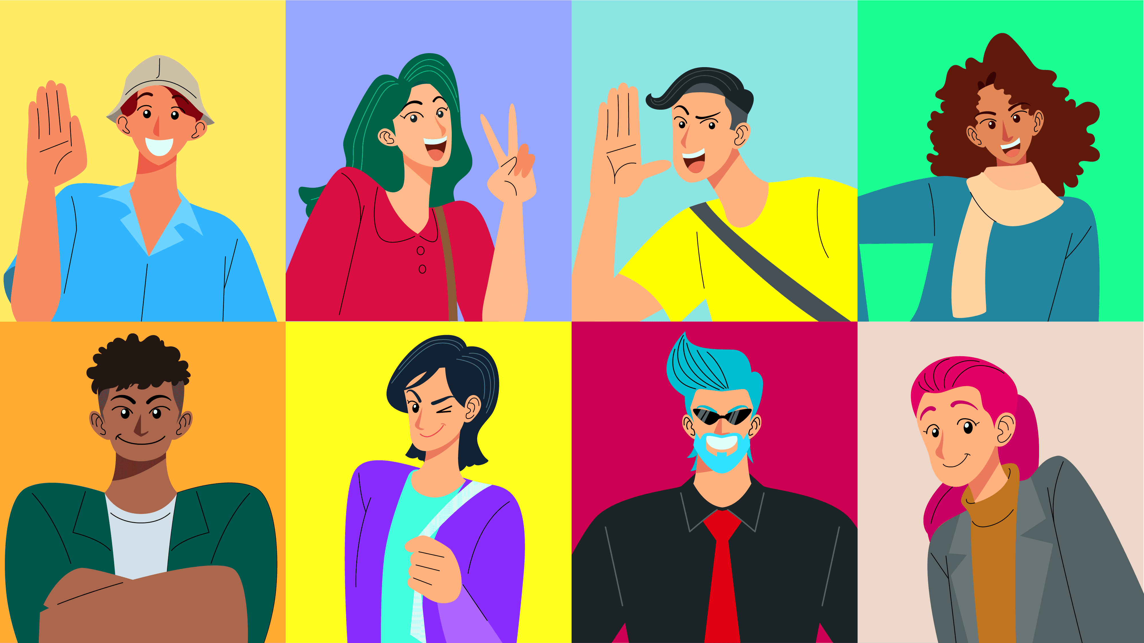 Eight diverse cartoon characters are depicted, each expressing different gestures like waving and peace signs. They are arranged in a colorful grid, each section featuring a different vibrant background color.