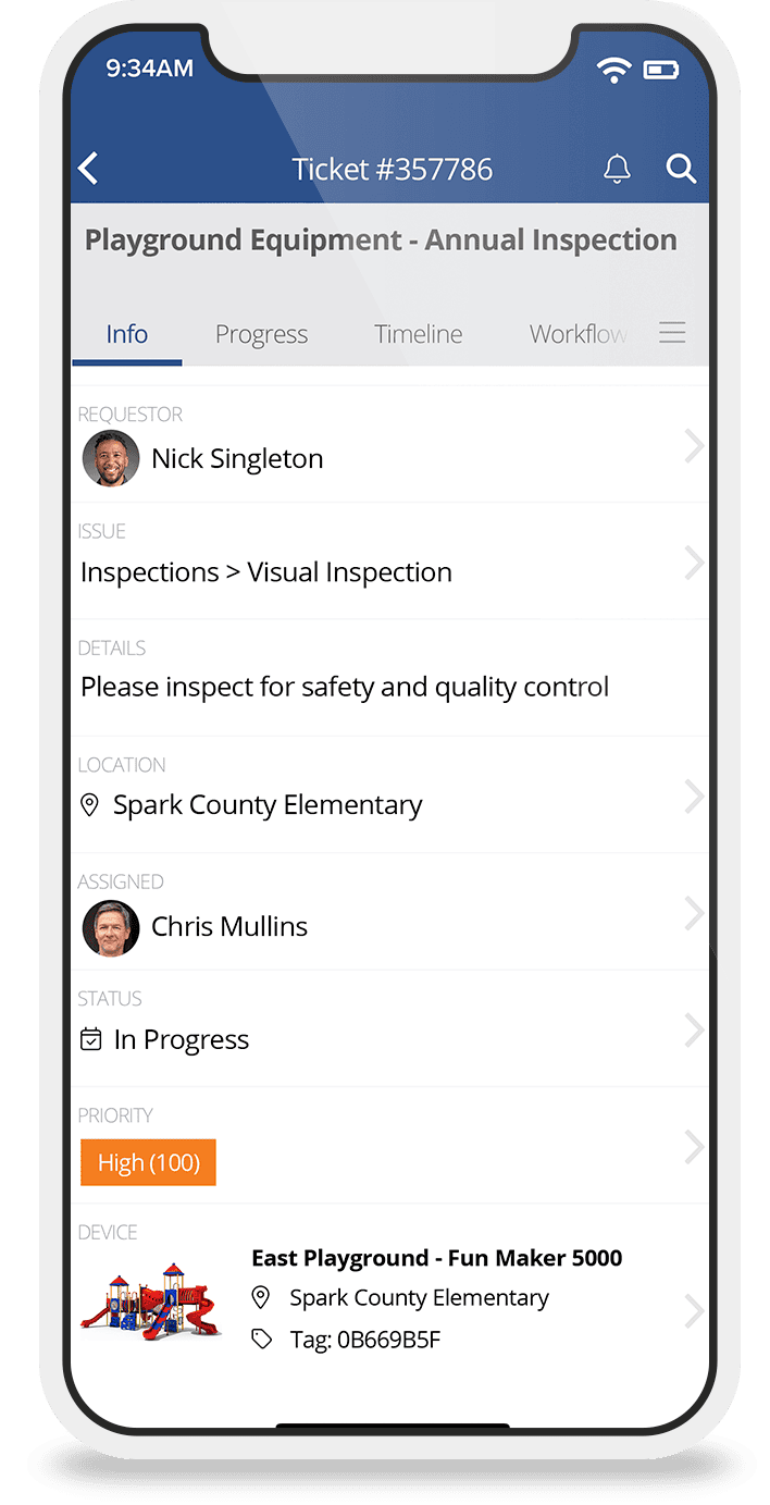 Mobile with screen displaying a facility ticket.