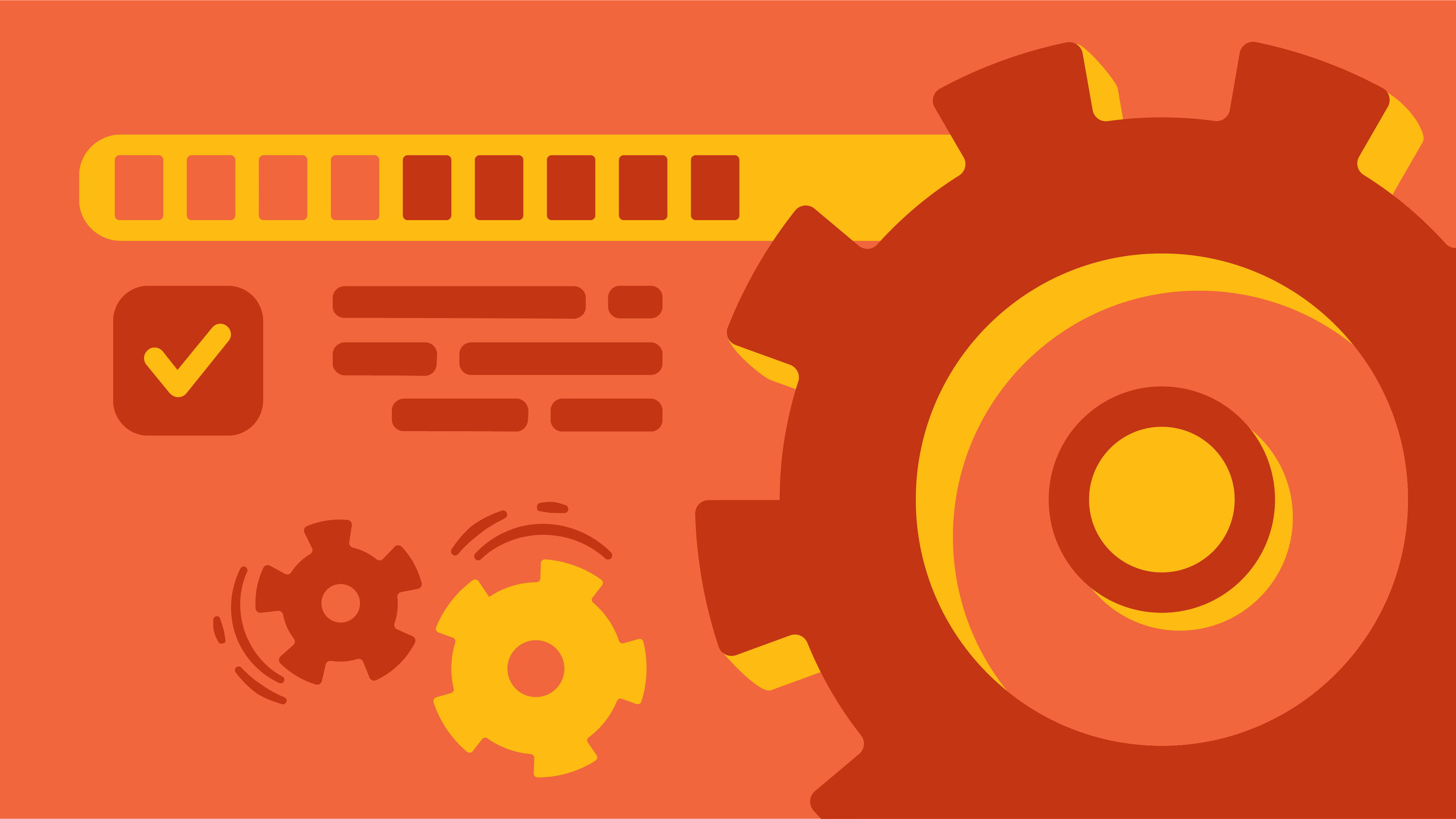 A large gear rotates with two smaller gears nearby, set against a red background. A progress bar and checkmark icon are adjacent, with stylized lines resembling text, creating a sense of technical process.