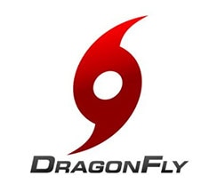 A red, stylized hurricane symbol appears above the text "DragonFly" in bold, gray letters on a plain white background.