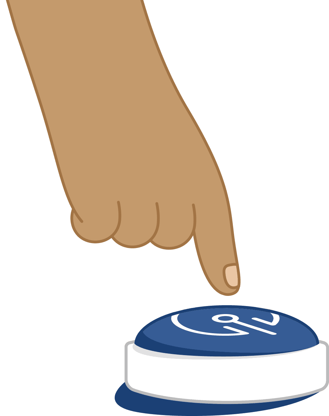 A hand presses a blue button with white Arabic text. The button is circular and rests on a flat surface, creating an action-oriented focus within a simple, minimalistic context.