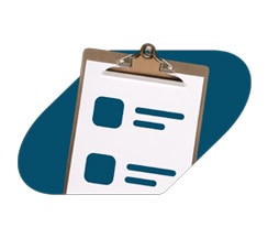 A clipboard holds a paper with two blue abstract shapes and lines, resembling a checklist or form, set against a dark blue oval background. No text is present.