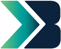 A stylized logo features a green gradient arrow pointing right, merging with a solid blue backward "B" shape, set against a plain background. No text is present.