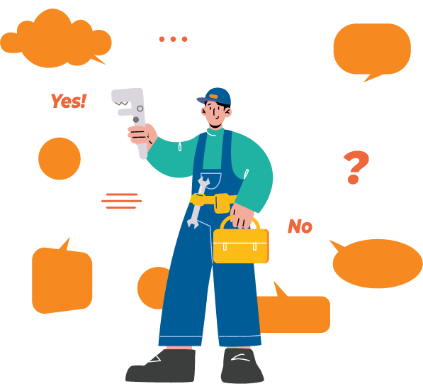 A cartoon plumber holds a wrench and toolbox, surrounded by orange speech bubbles with text: "Yes!", "No", "?", and more. He's in blue overalls with tools, set against a simple background.