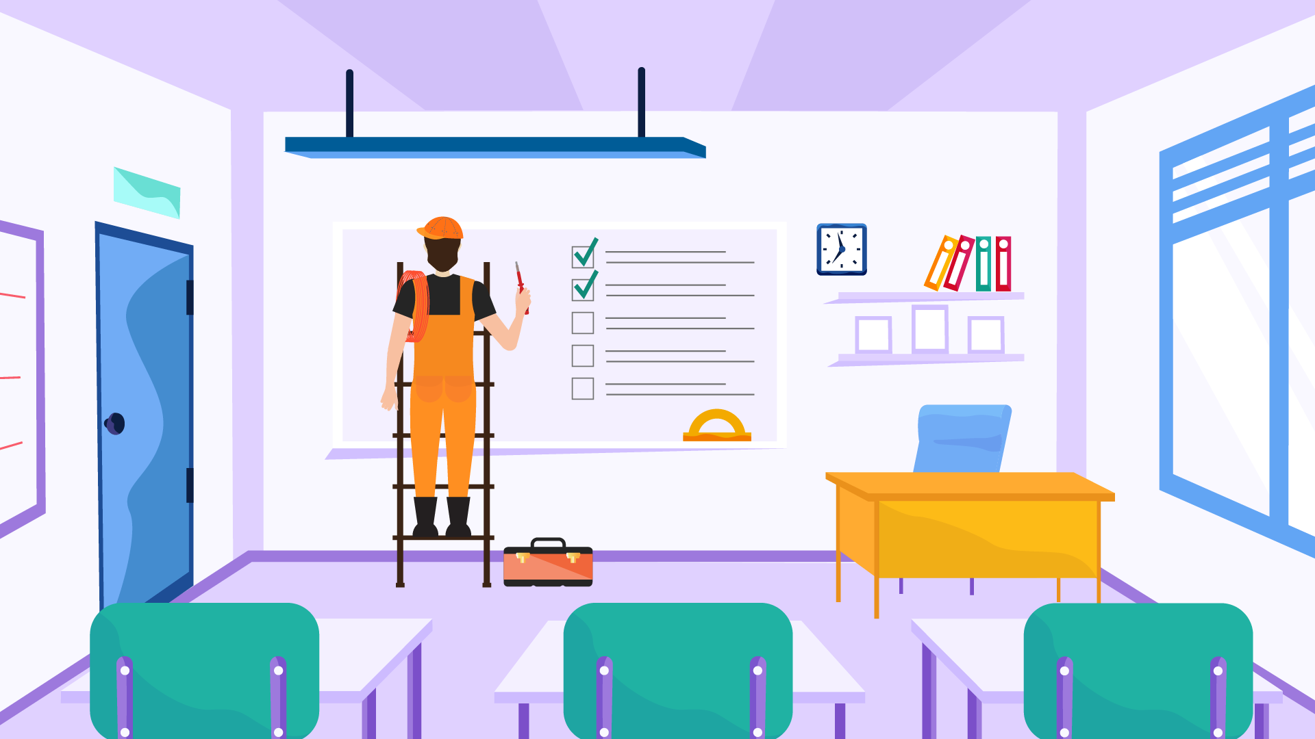 A person stands on a ladder marking a checklist on a classroom whiteboard, surrounded by desks, chairs, a clock, shelves with books, and a window.