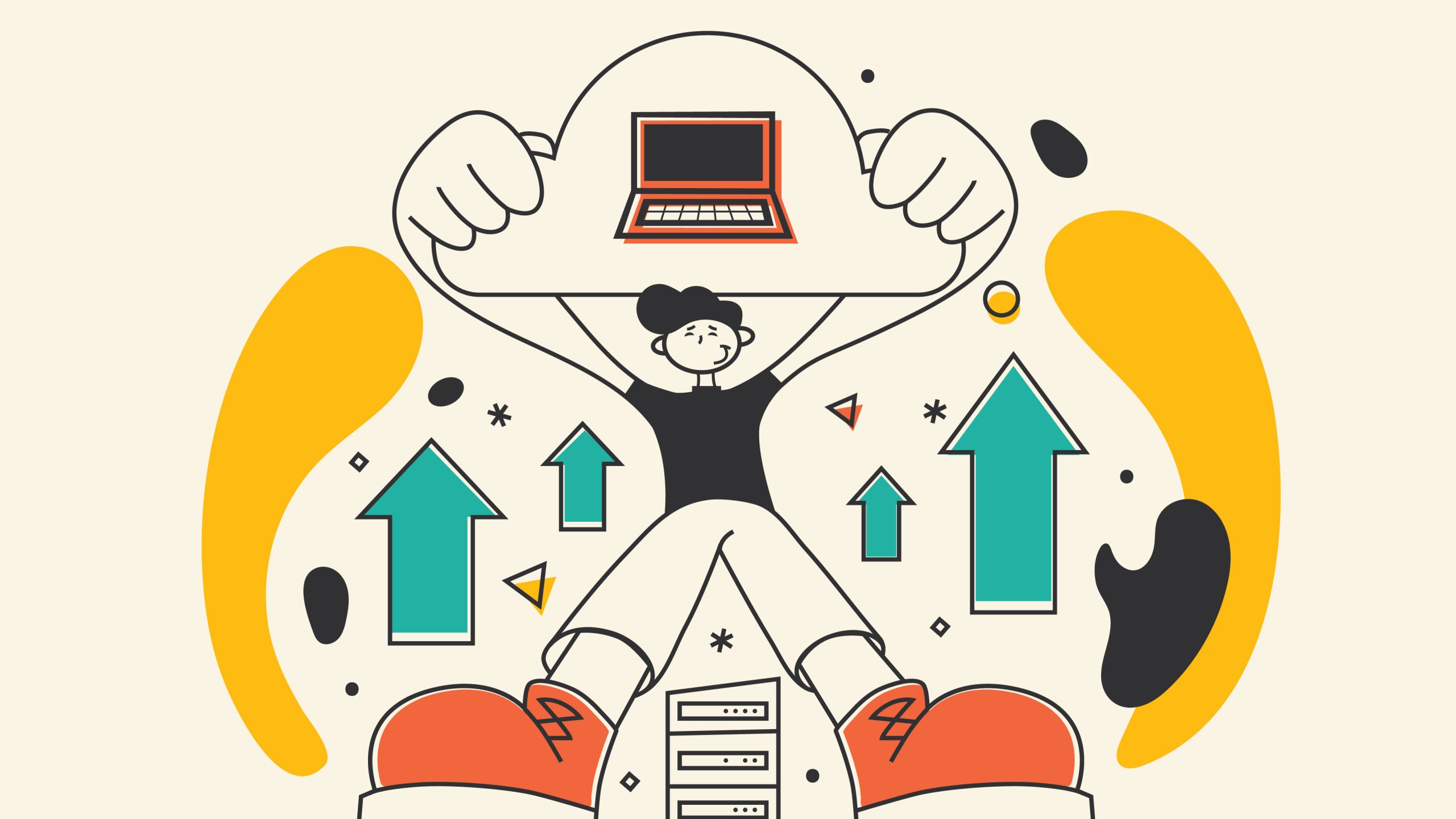 A person lifts a cloud with a laptop inside, surrounded by upward arrows, geometric shapes, and abstract forms. Tall red shoes emphasize a sense of growth or success.