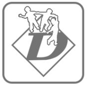 A large letter "D" is overlaid with four silhouetted figures forming a conga line, set within a diamond shape, surrounded by a square border.