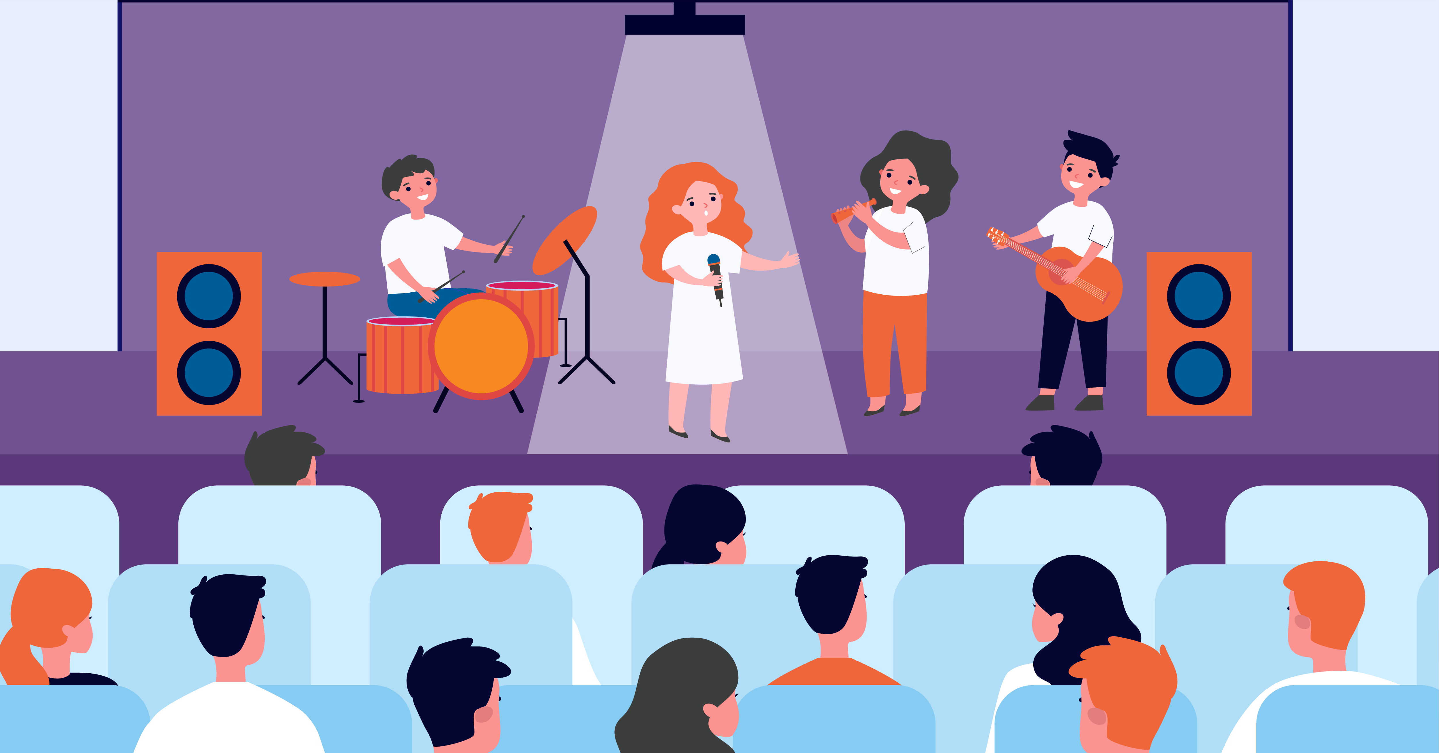 A band performs on stage: a drummer, singer, flutist, and guitarist, with orange speakers. The audience is seated in a theater, watching attentively.