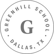 A circular logo features a large letter "G" in the center. Surrounding text reads "GREENHILL SCHOOL" at the top and "DALLAS, TX" at the bottom.