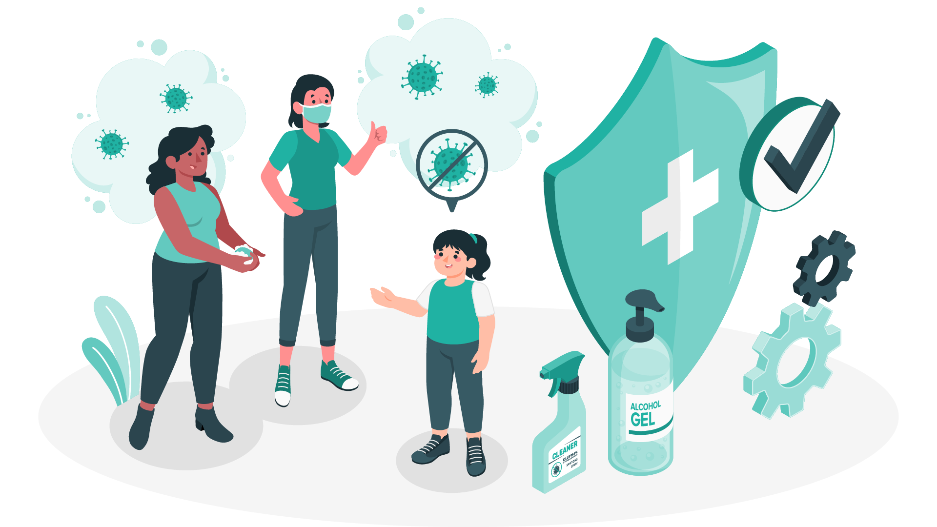 People interact with hygienic items, set against large virus symbols and a shield featuring health icons. A spray bottle and sanitizer emphasize cleanliness and prevention in a health-focused context.