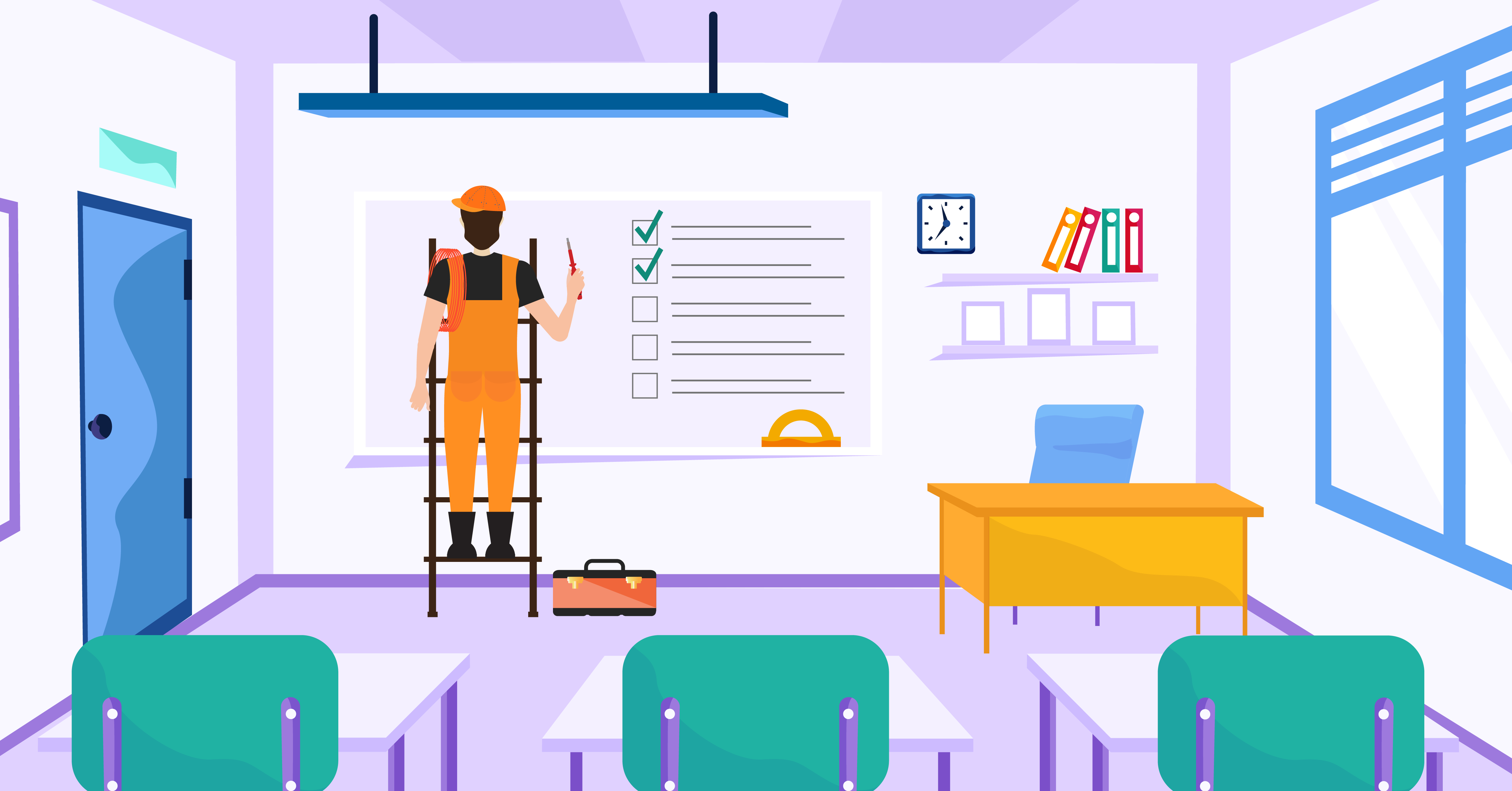 Image of a man on ladder repairing a whiteboard in a classroom