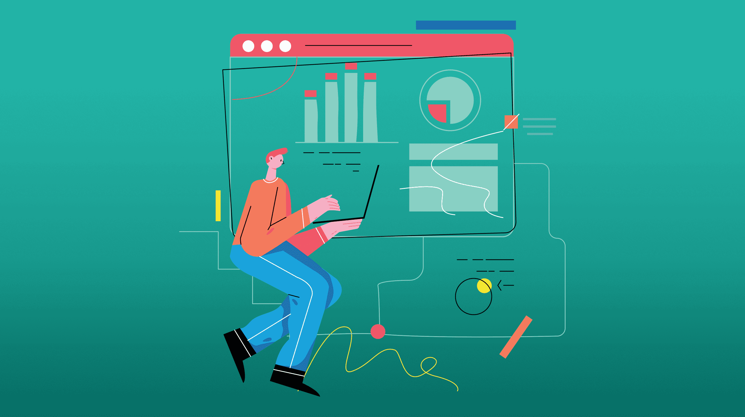 Cartoon image of person working on laptop surrounded by images of data reports.