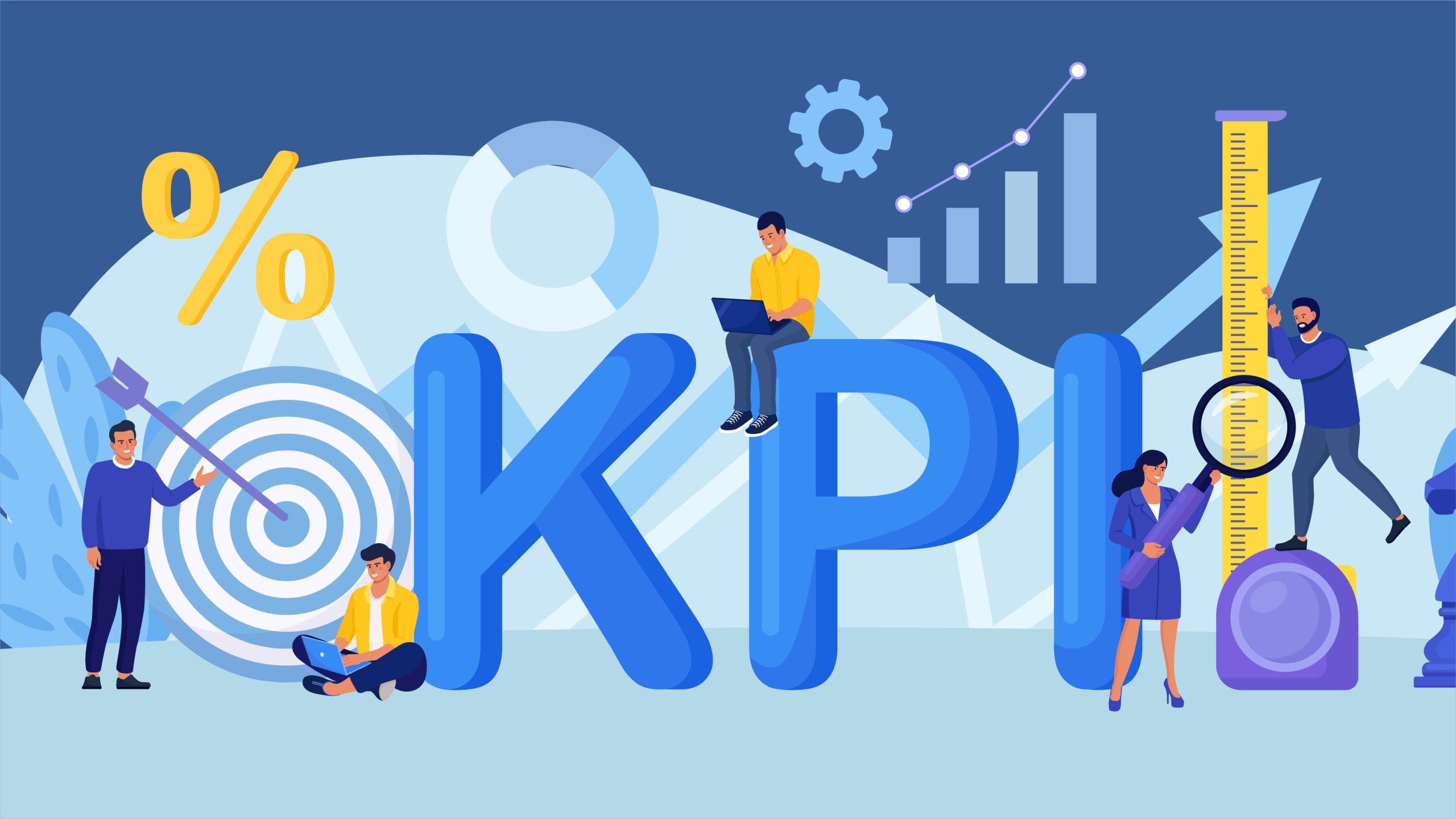 Graphic cartoon image of people working on laptop around the term KPI.