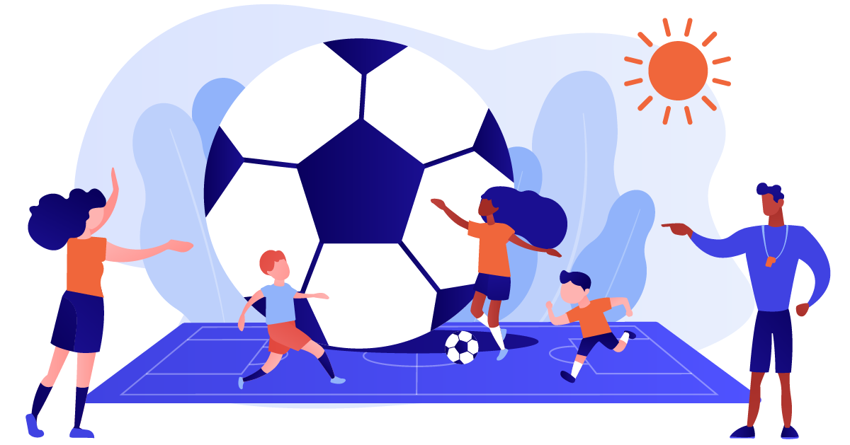 A group of children and a coach play soccer on a field under a sunny sky, with a large soccer ball visually dominating the scene in playful exaggeration.