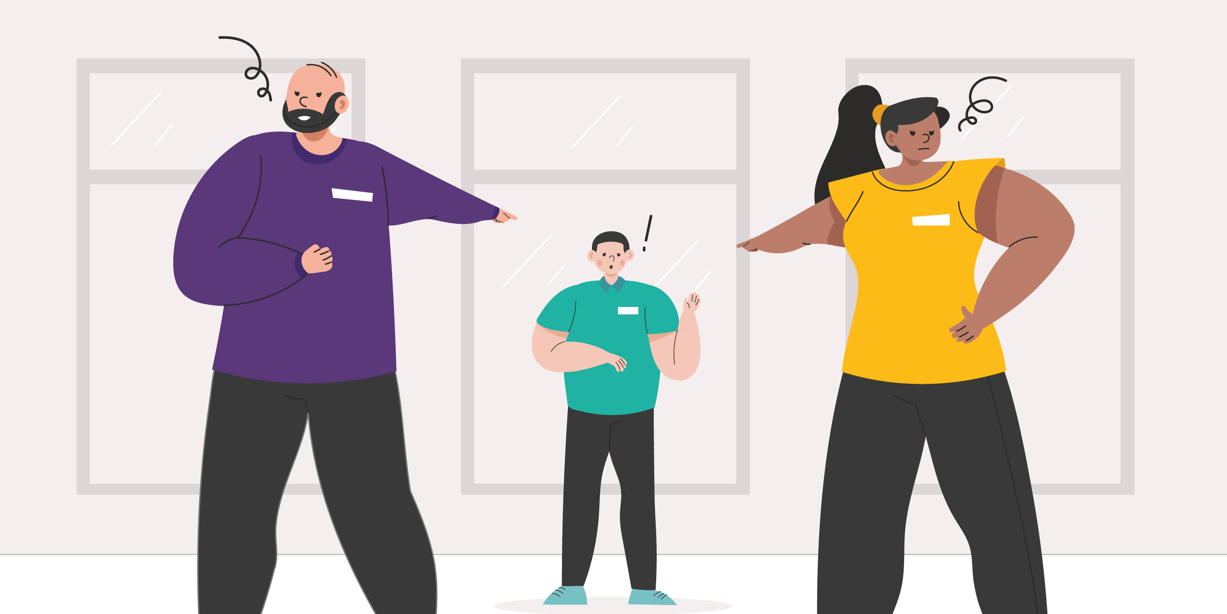 Three cartoon characters, two large and one smaller, interact. The two larger ones, in purple and yellow shirts, point at the smaller one in a teal shirt, in a room with windows.