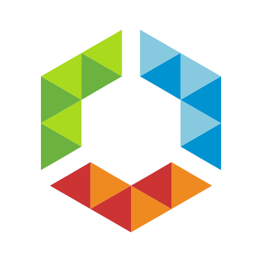 Geometric shapes form a hexagonal pattern using blue, green, orange, and red triangles, creating an abstract design on a white background.