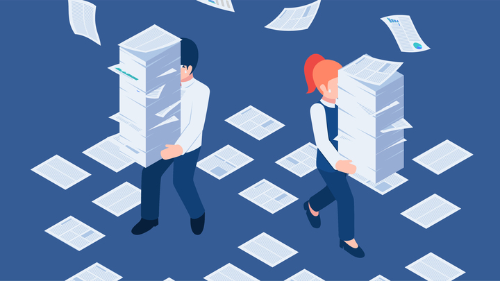 Graphic image of two people carrying a stack of support tickets flying around.