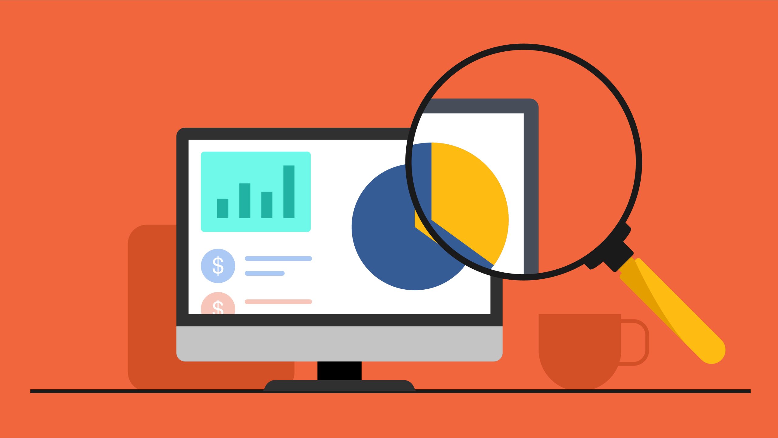 A graphic of a computer with a magnifying glass on top to depict chromebook monitoring