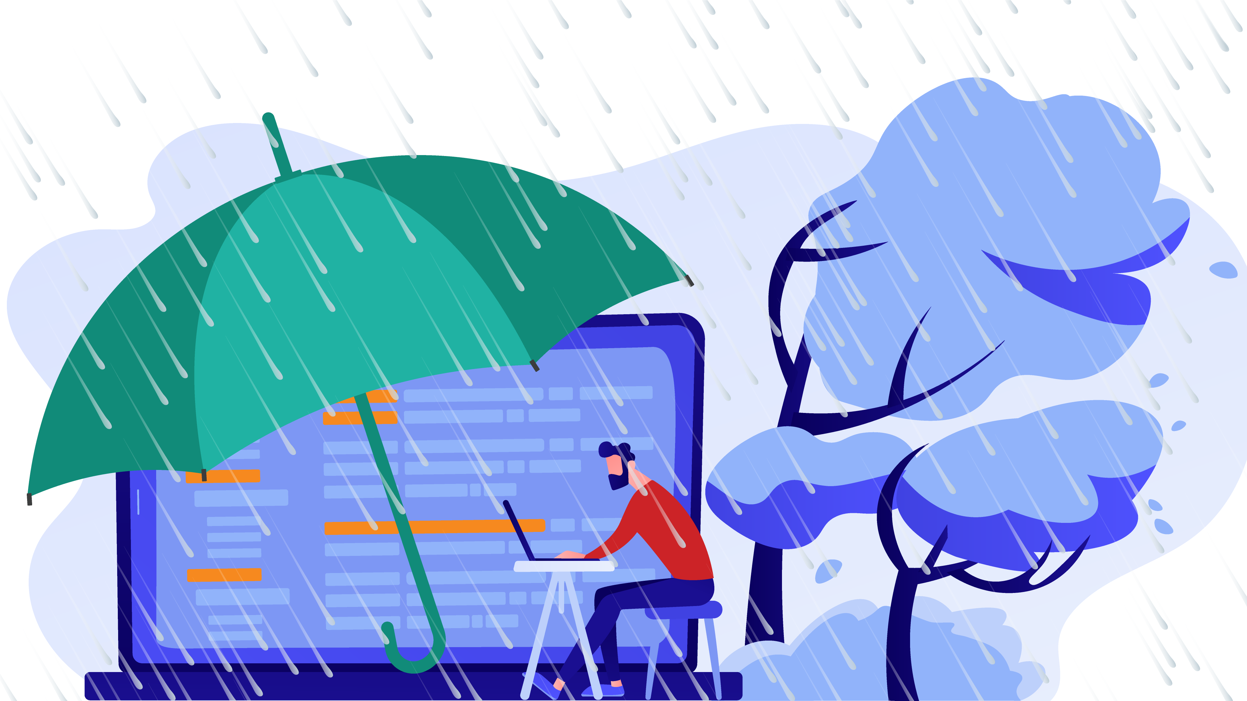 A person works on a laptop under a large green umbrella while it's raining, beside an abstract tree, with a huge screen displaying code in the background.