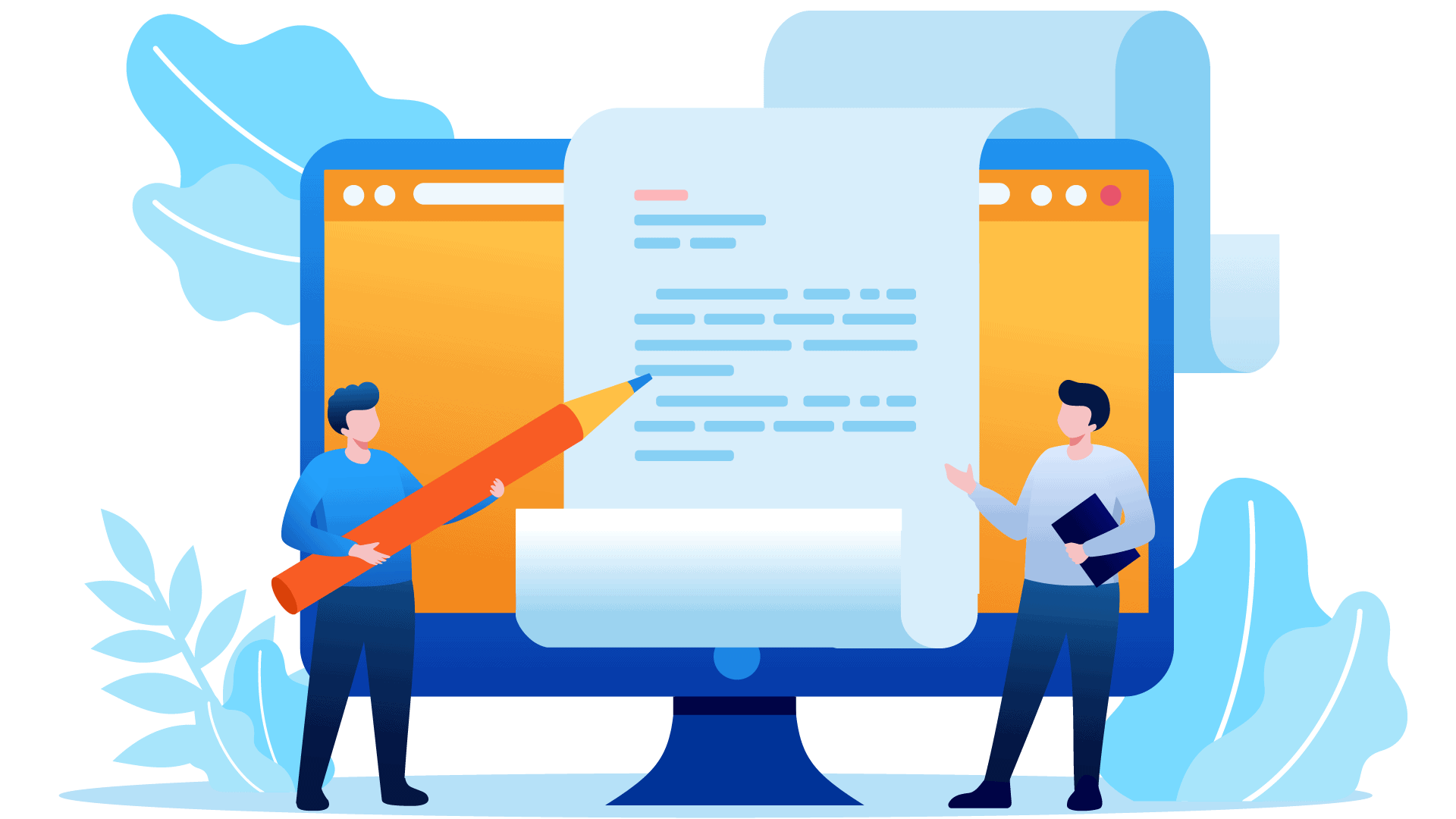 A large computer monitor displays a document, with two illustrated figures interacting. One holds a giant pencil, suggesting editing, while the other gestures. Abstract shapes and leaves form the background.