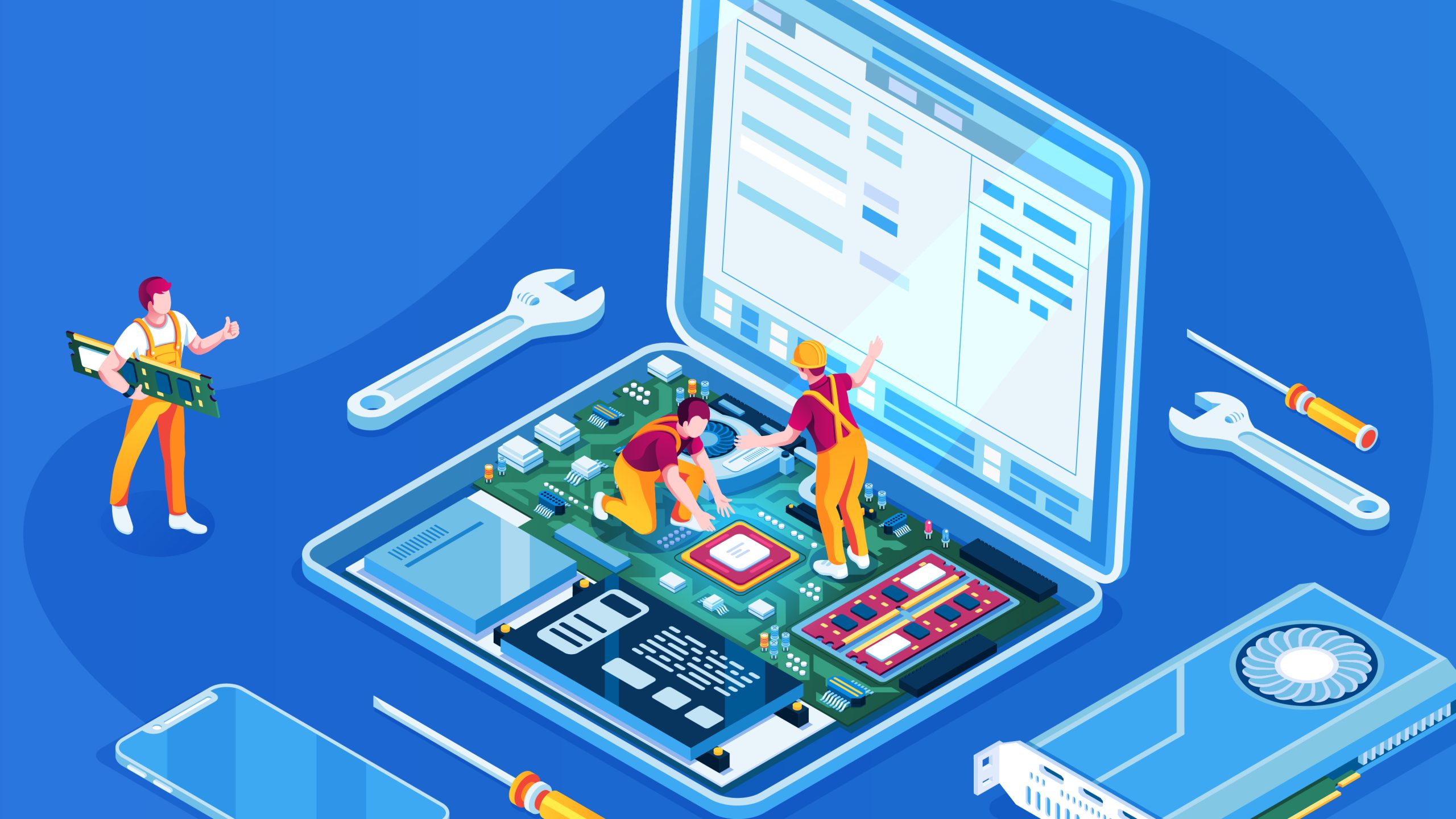 Graphic illustration of miniature people standing on a Chromebook, fixing it