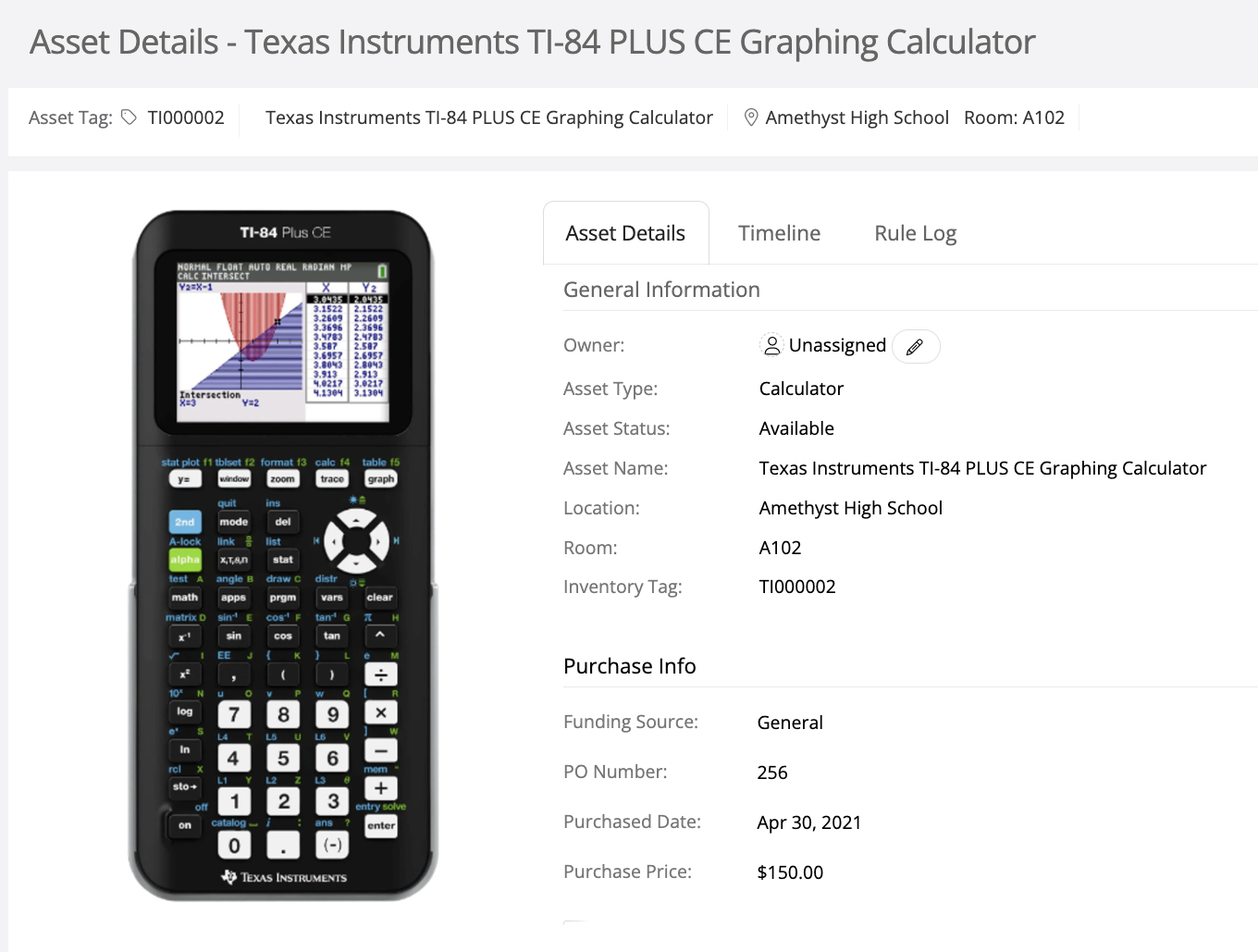 Screen grab of the Asset Details for a calculator.