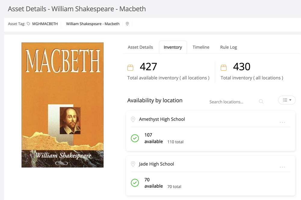 A dashboard displays the inventory details for "Macbeth" by William Shakespeare, with 427 available out of 430 total. Amethyst High School has 107 available, Jade High School has 70.