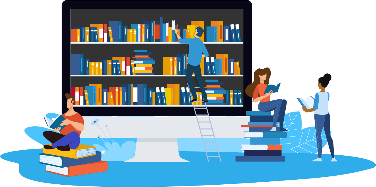 A computer screen displays a bookshelf, with people reading or reaching for books. One person sits on books, another on a stack, while another stands, set in a digital environment.